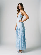 Sky Blue Stretch Knit A-Line V-Neck Backless Floor-Length Evening Dress - Curvevia