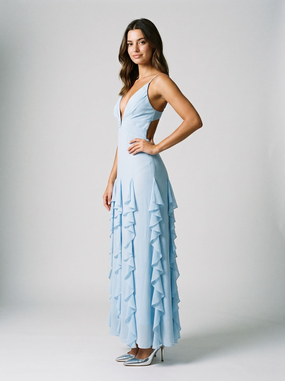 Sky Blue Stretch Knit A-Line V-Neck Backless Floor-Length Evening Dress - Curvevia