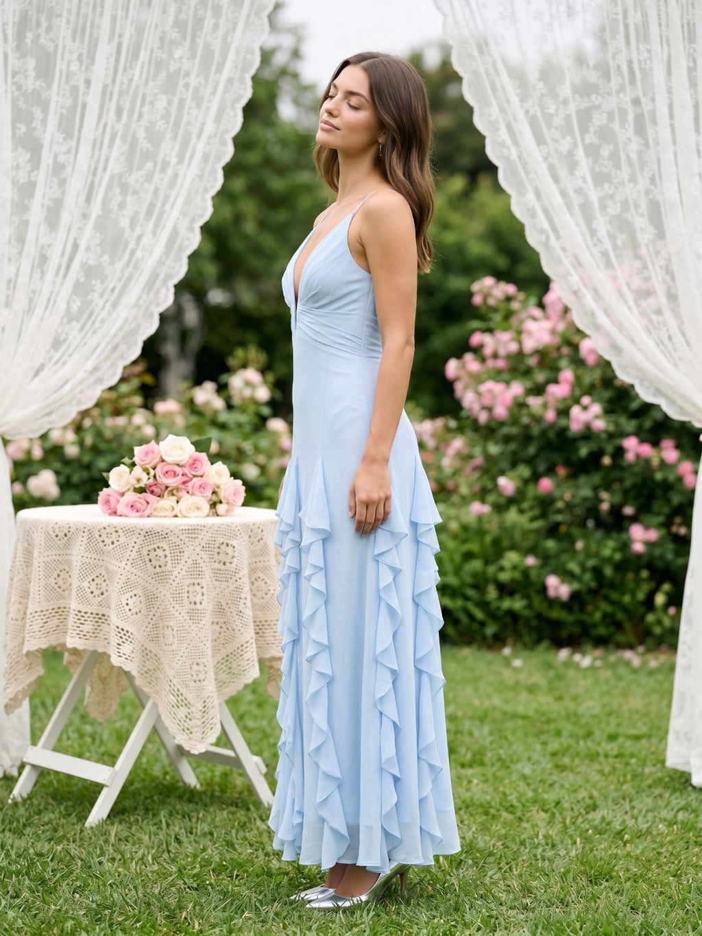 Sky Blue Stretch Knit A-Line V-Neck Backless Floor-Length Evening Dress - Curvevia