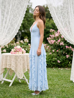 Sky Blue Stretch Knit A-Line V-Neck Backless Floor-Length Evening Dress - Curvevia