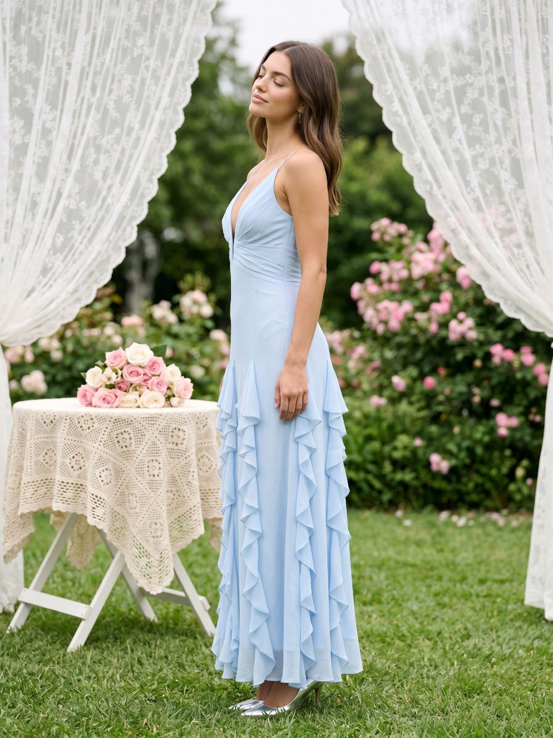 Sky Blue Stretch Knit A-Line V-Neck Backless Floor-Length Evening Dress - Curvevia