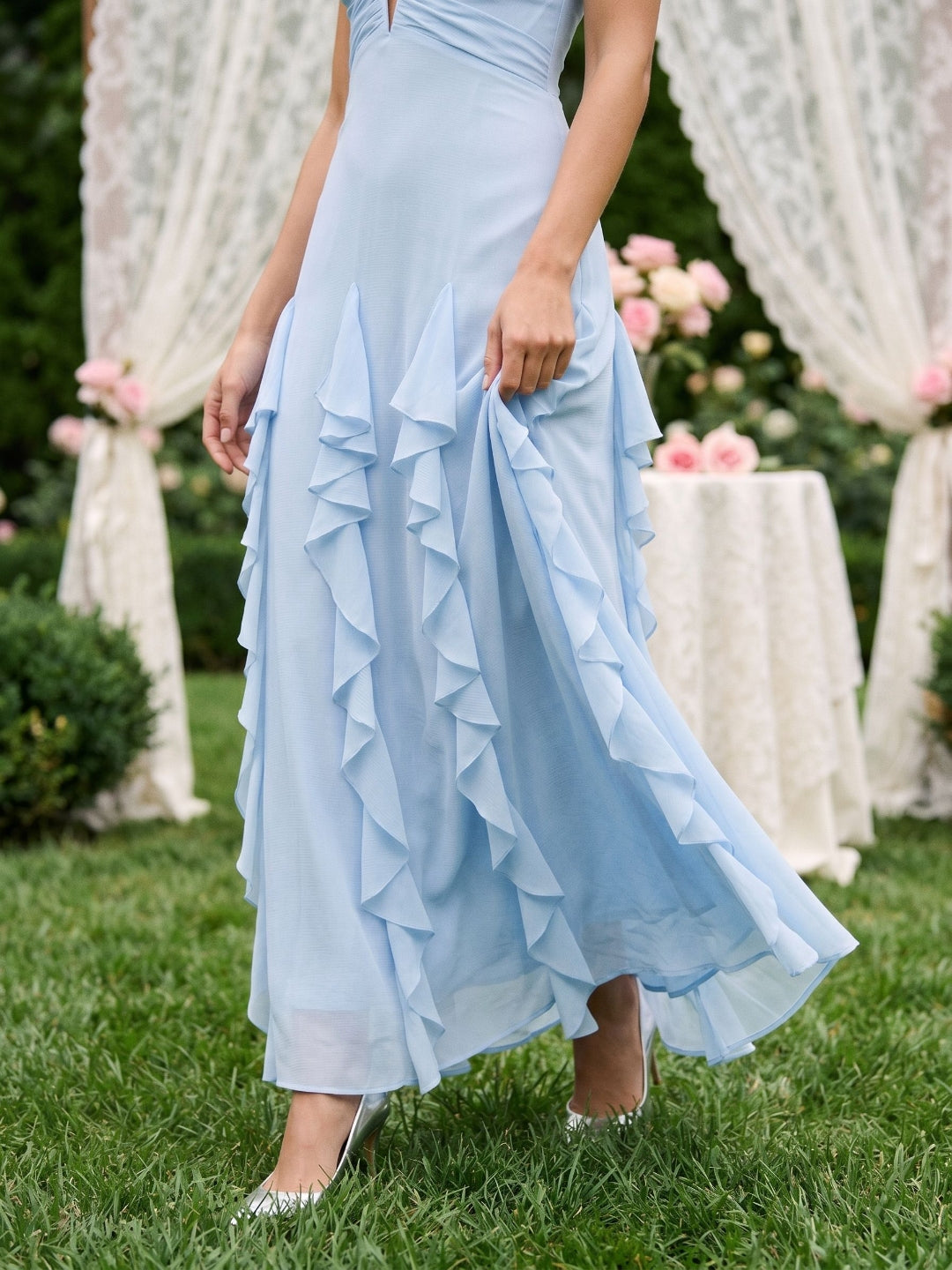 Sky Blue Stretch Knit A-Line V-Neck Backless Floor-Length Evening Dress - Curvevia