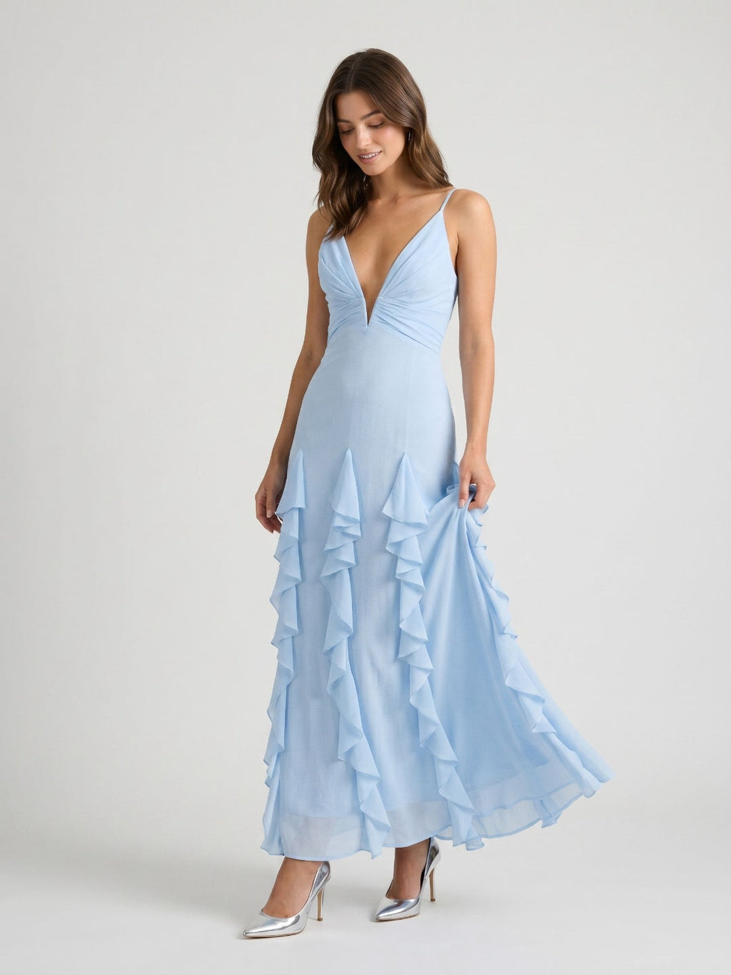 Sky Blue Stretch Knit A-Line V-Neck Backless Floor-Length Evening Dress - Curvevia