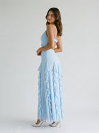 Sky Blue Stretch Knit A-Line V-Neck Backless Floor-Length Evening Dress - Curvevia
