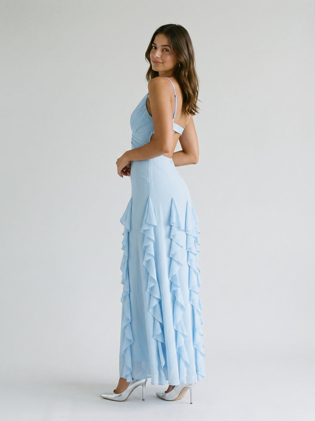 Sky Blue Stretch Knit A-Line V-Neck Backless Floor-Length Evening Dress - Curvevia