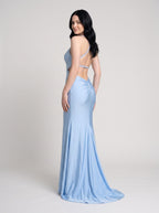 Sky Blue Stretch Knit Mermaid V-Neck Criss-Cross Straps Floor-Length Dress with Side Slit - Curvevia