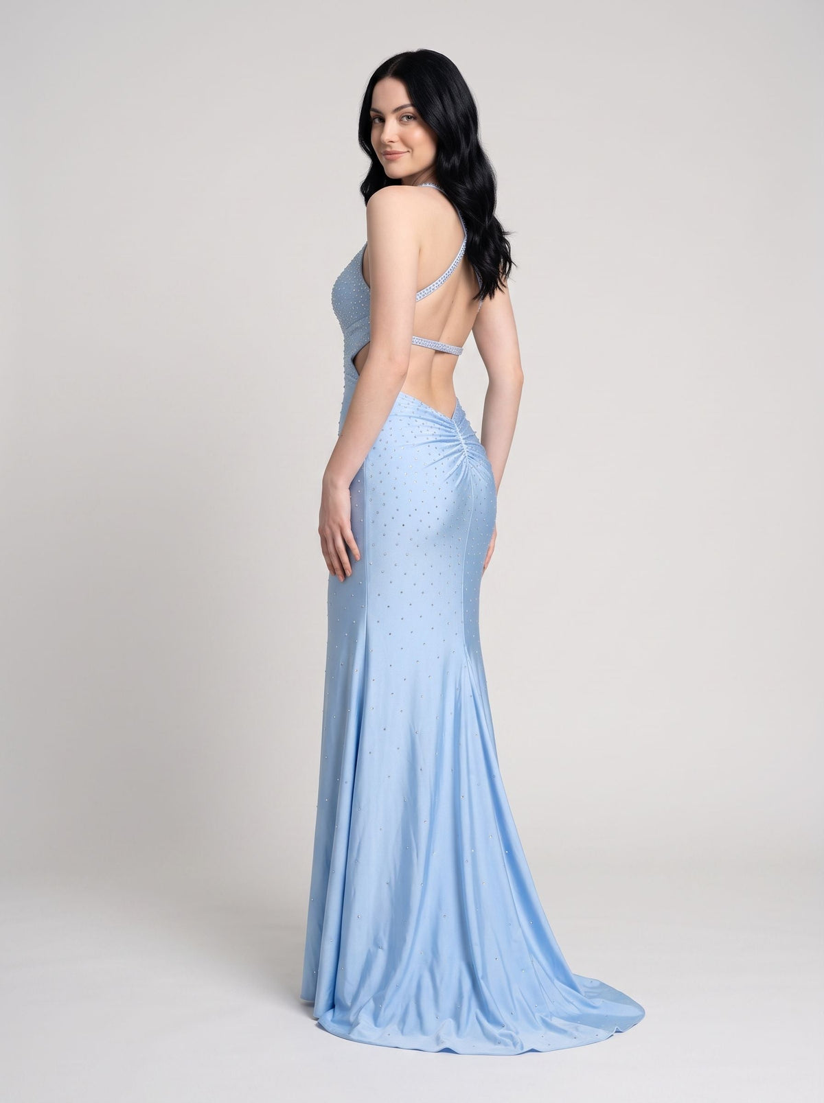 Sky Blue Stretch Knit Mermaid V-Neck Criss-Cross Straps Floor-Length Dress with Side Slit - Curvevia