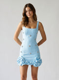 Sky Blue Stretch Knit Sheath Square Neck Backless Short Homecoming Dress with 3D Flowers - Curvevia