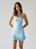 Sky Blue Stretch Knit Sheath Square Neck Backless Short Homecoming Dress with 3D Flowers - Curvevia