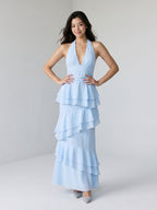 Sky Blue Stretch Knit Sheath V-Neck Back Zip Ankle-Length Evening Dress - Curvevia
