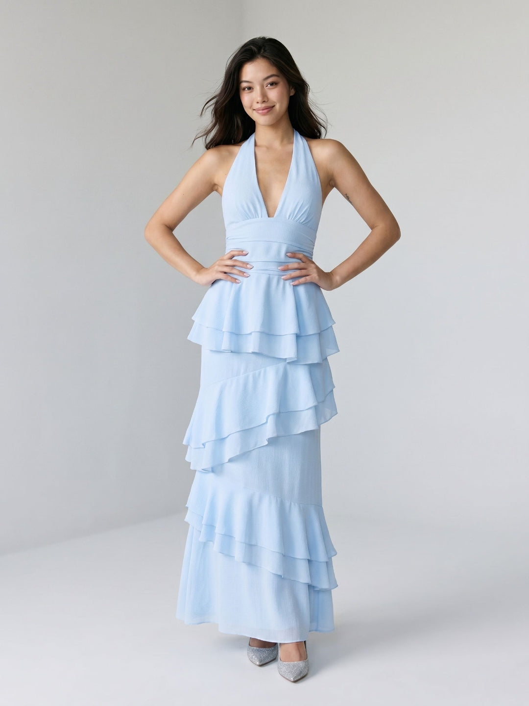 Sky Blue Stretch Knit Sheath V-Neck Back Zip Ankle-Length Evening Dress - Curvevia