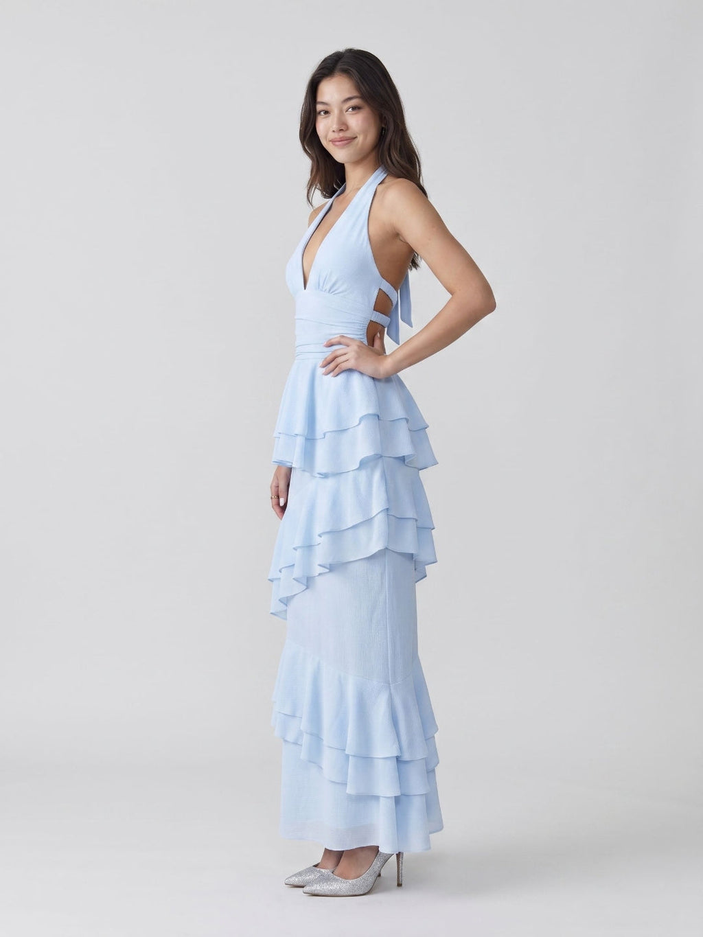Sky Blue Stretch Knit Sheath V-Neck Back Zip Ankle-Length Evening Dress - Curvevia