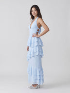 Sky Blue Stretch Knit Sheath V-Neck Back Zip Ankle-Length Evening Dress - Curvevia
