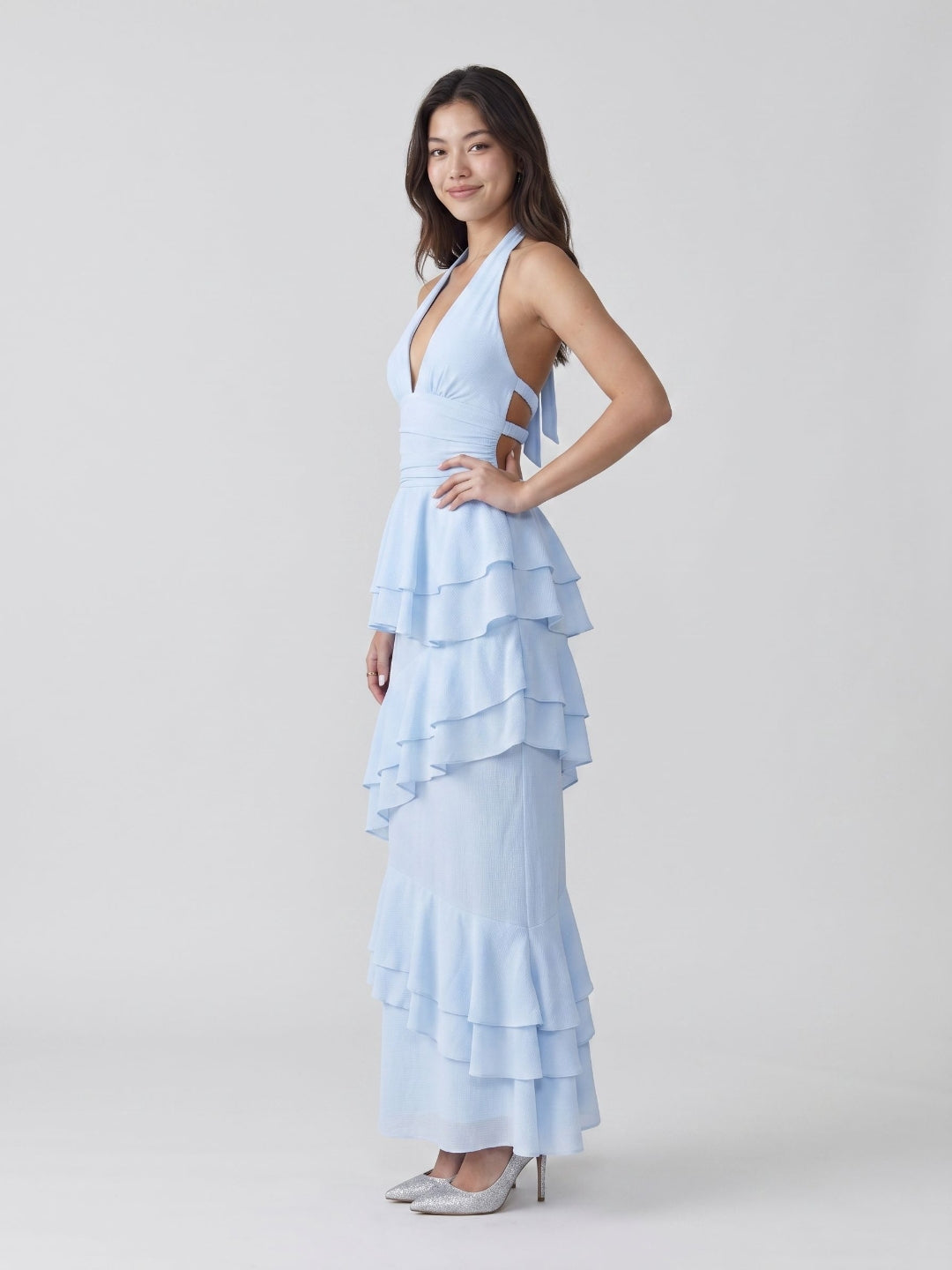 Sky Blue Stretch Knit Sheath V-Neck Back Zip Ankle-Length Evening Dress - Curvevia