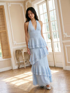 Sky Blue Stretch Knit Sheath V-Neck Back Zip Ankle-Length Evening Dress - Curvevia