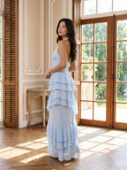 Sky Blue Stretch Knit Sheath V-Neck Back Zip Ankle-Length Evening Dress - Curvevia