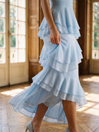 Sky Blue Stretch Knit Sheath V-Neck Back Zip Ankle-Length Evening Dress - Curvevia