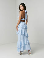 Sky Blue Stretch Knit Sheath V-Neck Back Zip Ankle-Length Evening Dress - Curvevia