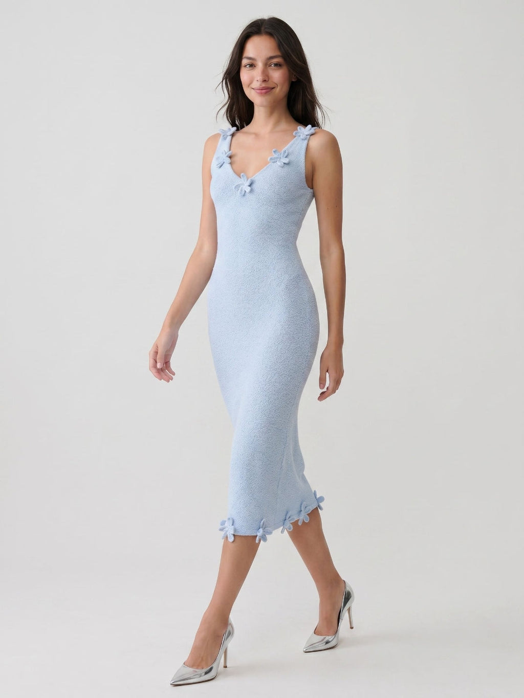 Sky Blue Stretch Knit Sheath V-Neck Tea-Length Dress - Curvevia