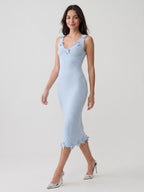 Sky Blue Stretch Knit Sheath V-Neck Tea-Length Dress - Curvevia
