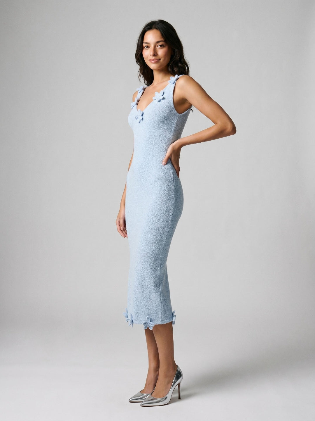 Sky Blue Stretch Knit Sheath V-Neck Tea-Length Dress - Curvevia