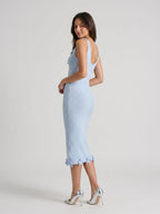 Sky Blue Stretch Knit Sheath V-Neck Tea-Length Dress - Curvevia