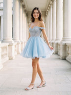 Sky Blue Tulle A-Line Off-the-Shoulder Criss-Cross Straps Short Dress with Sequins - Curvevia