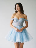 Sky Blue Tulle A-Line Off-the-Shoulder Criss-Cross Straps Short Dress with Sequins - Curvevia