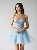 Sky Blue Tulle A-Line Off-the-Shoulder Criss-Cross Straps Short Dress with Sequins - Curvevia