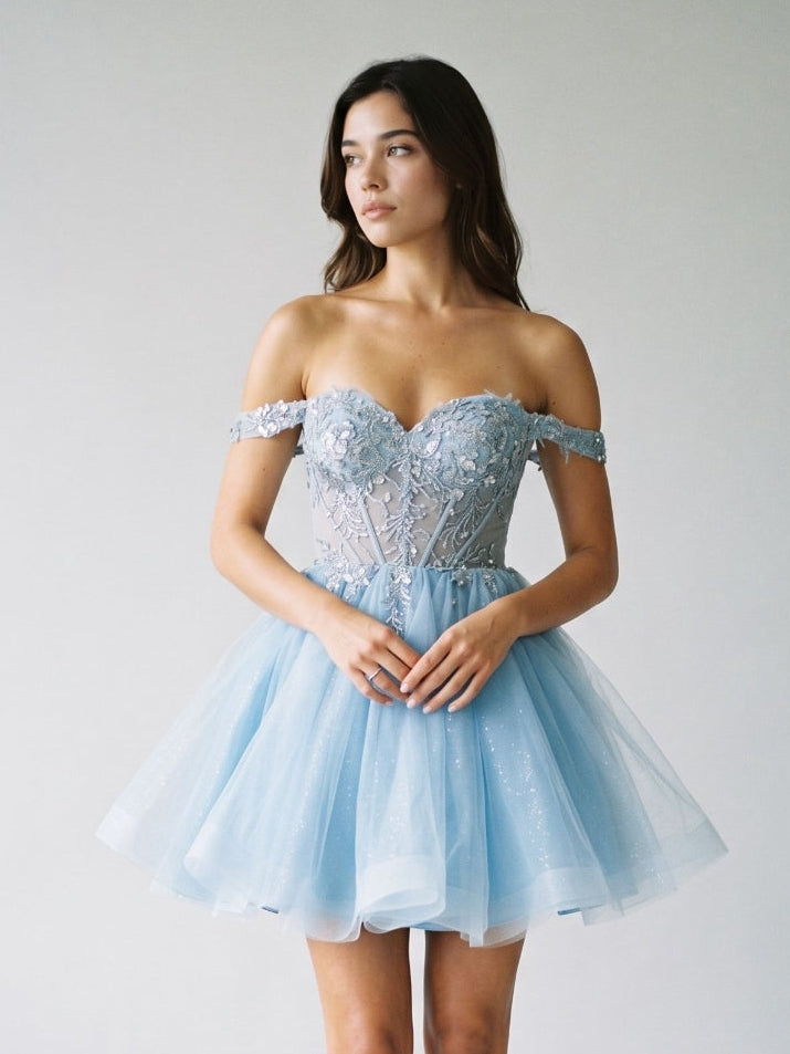 Sky Blue Tulle A-Line Off-the-Shoulder Criss-Cross Straps Short Dress with Sequins - Curvevia