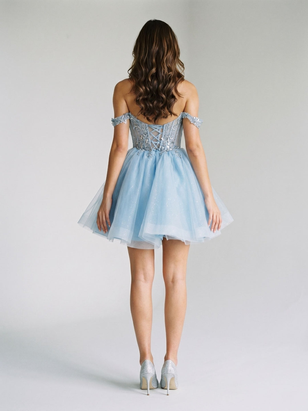 Sky Blue Tulle A-Line Off-the-Shoulder Criss-Cross Straps Short Dress with Sequins - Curvevia