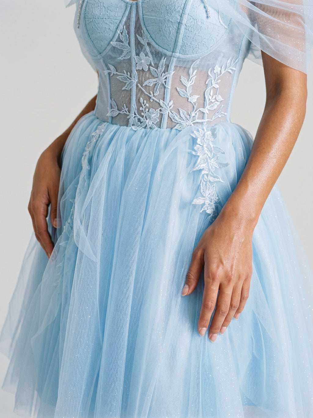 Sky Blue Tulle A-Line Off-the-Shoulder Criss-Cross Straps Short Homecoming Dress with Floral Trim - Curvevia