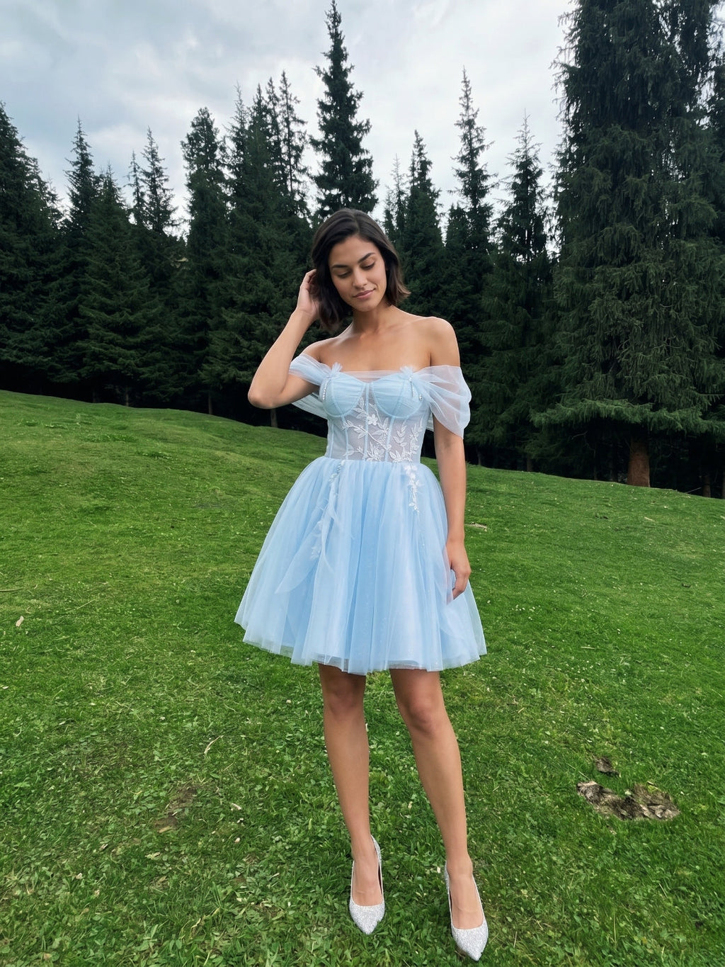 Sky Blue Tulle A-Line Off-the-Shoulder Criss-Cross Straps Short Homecoming Dress with Floral Trim - Curvevia