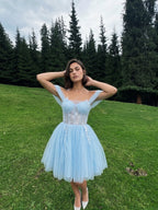 Sky Blue Tulle A-Line Off-the-Shoulder Criss-Cross Straps Short Homecoming Dress with Floral Trim - Curvevia
