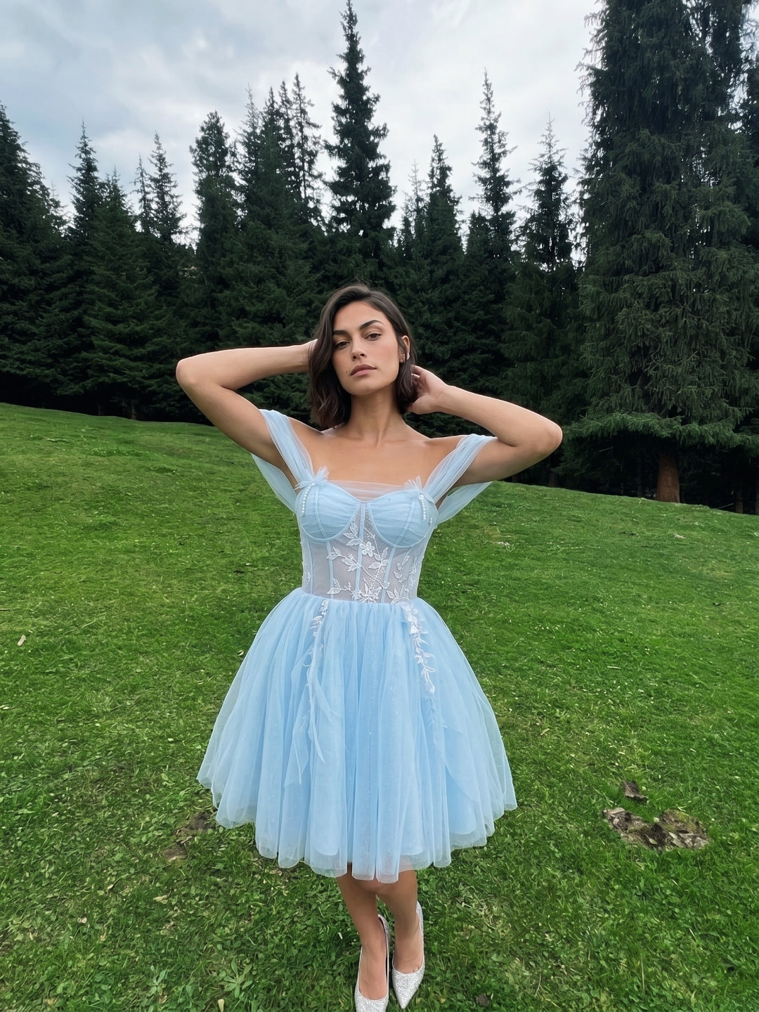 Sky Blue Tulle A-Line Off-the-Shoulder Criss-Cross Straps Short Homecoming Dress with Floral Trim - Curvevia