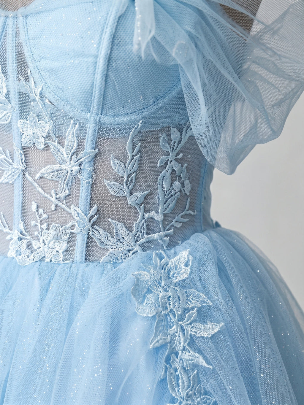 Sky Blue Tulle A-Line Off-the-Shoulder Criss-Cross Straps Short Homecoming Dress with Floral Trim - Curvevia