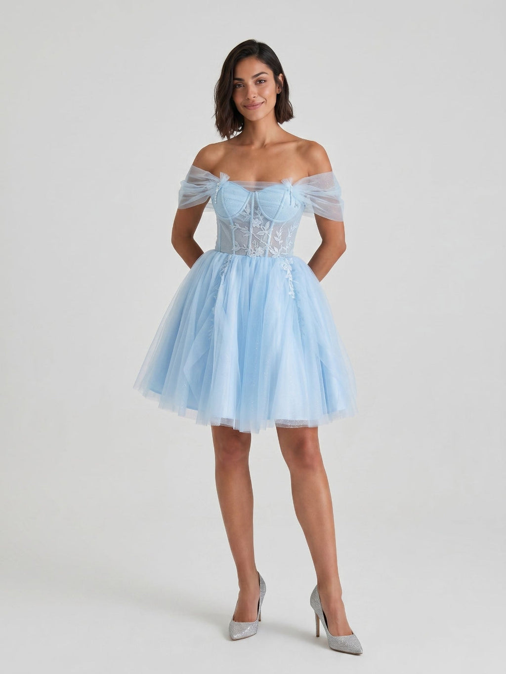 Sky Blue Tulle A-Line Off-the-Shoulder Criss-Cross Straps Short Homecoming Dress with Floral Trim - Curvevia