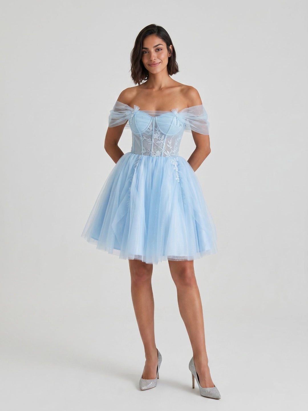 Sky Blue Tulle A-Line Off-the-Shoulder Criss-Cross Straps Short Homecoming Dress with Floral Trim - Curvevia