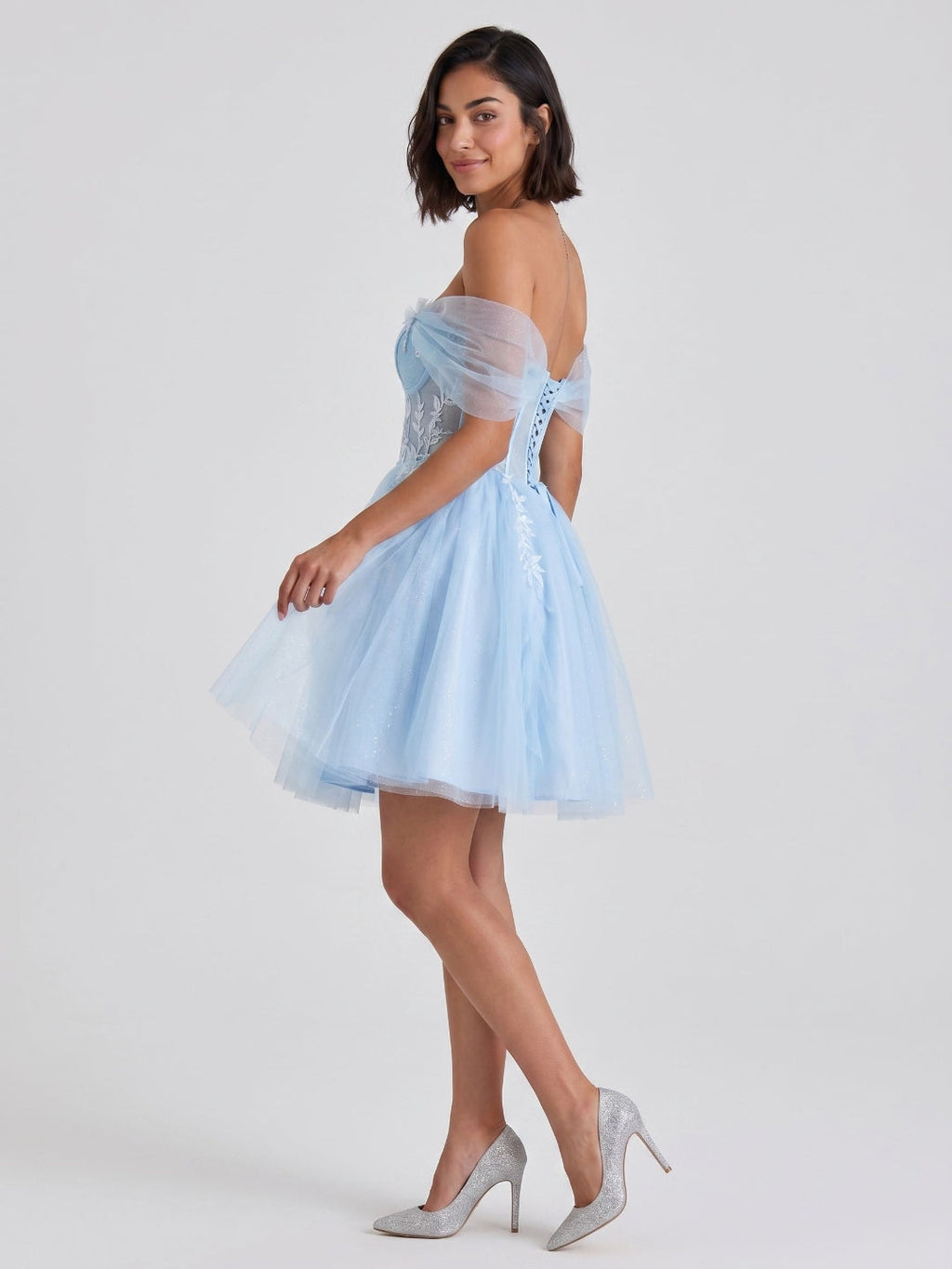 Sky Blue Tulle A-Line Off-the-Shoulder Criss-Cross Straps Short Homecoming Dress with Floral Trim - Curvevia