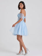 Sky Blue Tulle A-Line Off-the-Shoulder Criss-Cross Straps Short Homecoming Dress with Floral Trim - Curvevia