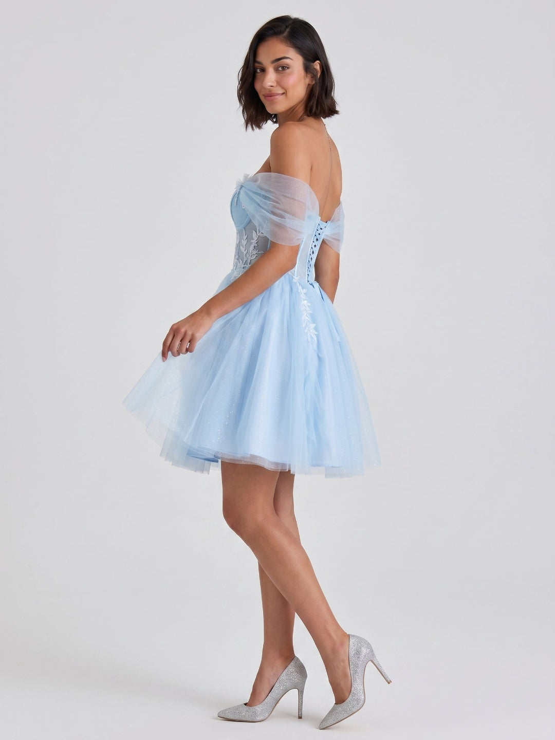 Sky Blue Tulle A-Line Off-the-Shoulder Criss-Cross Straps Short Homecoming Dress with Floral Trim - Curvevia