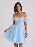 Sky Blue Tulle A-Line Off-the-Shoulder Criss-Cross Straps Short Homecoming Dress with Floral Trim - Curvevia
