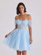 Sky Blue Tulle A-Line Off-the-Shoulder Criss-Cross Straps Short Homecoming Dress with Floral Trim - Curvevia