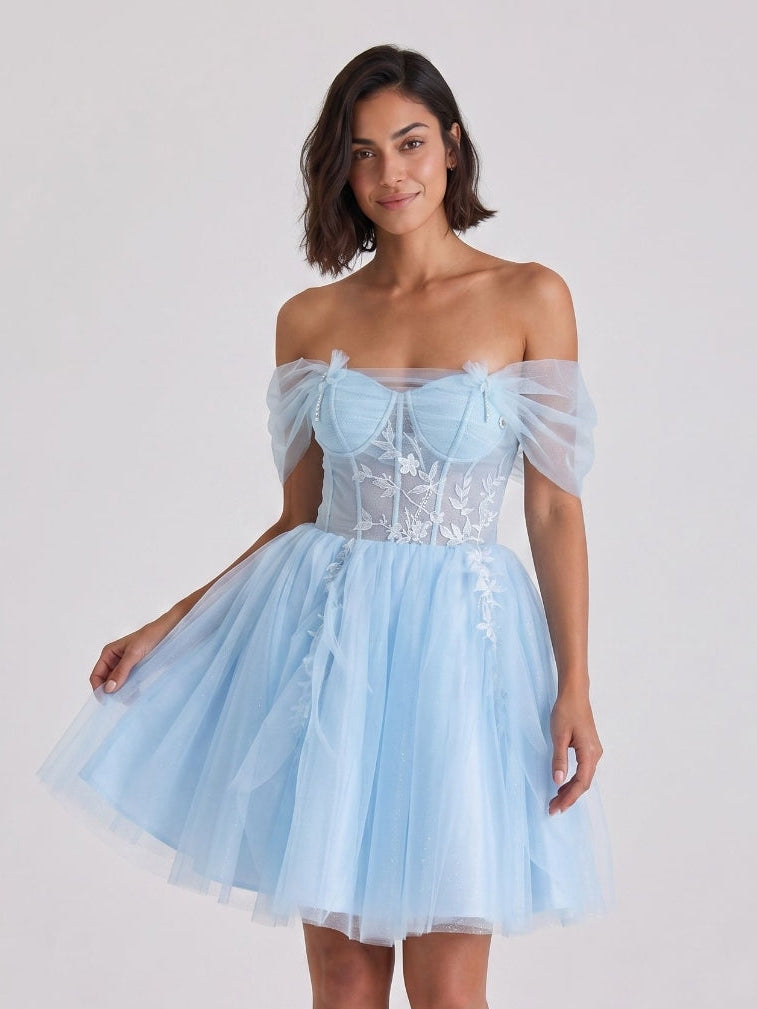 Sky Blue Tulle A-Line Off-the-Shoulder Criss-Cross Straps Short Homecoming Dress with Floral Trim - Curvevia