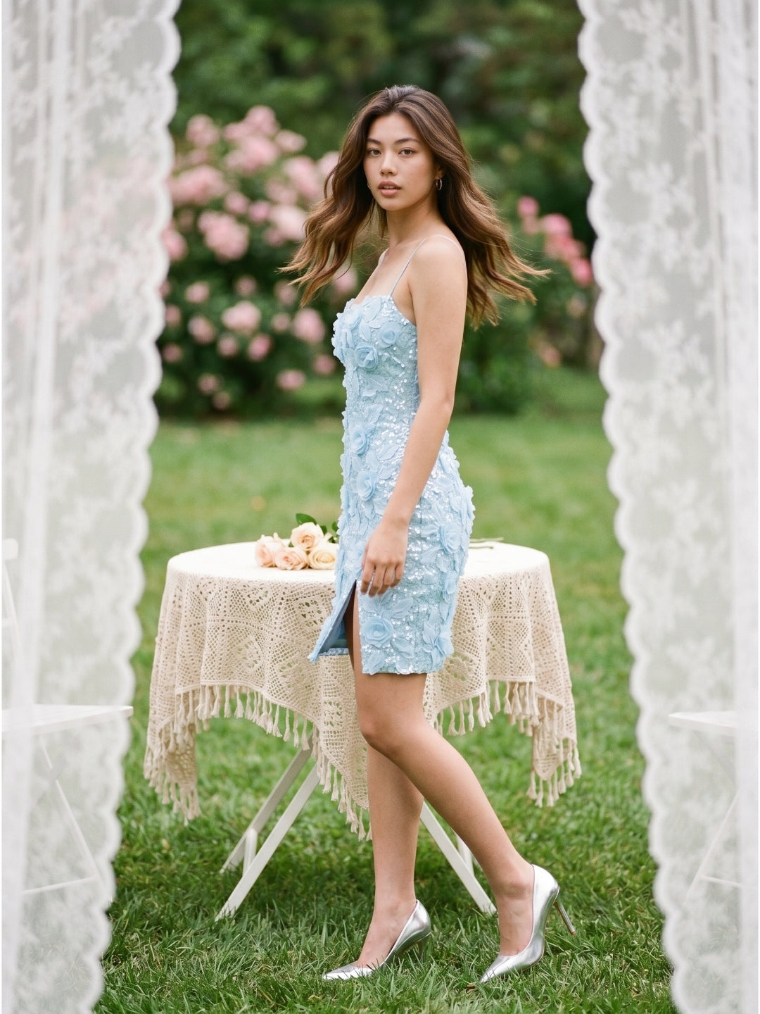 Sky Blue Tulle Sheath Sweetheart Mini Homecoming Dress with 3D Flowers - Curvevia