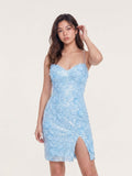Sky Blue Tulle Sheath Sweetheart Mini Homecoming Dress with 3D Flowers - Curvevia
