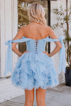 Rose Pink A Line Organza Ruffles Corset Homecoming Dresses with Bow Straps - Curvevia