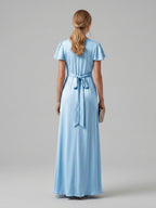 Elegant Sky Blue Satin Sheath V-Neck Lace-up Ankle-Length Bridesmaid Dress - Curvevia