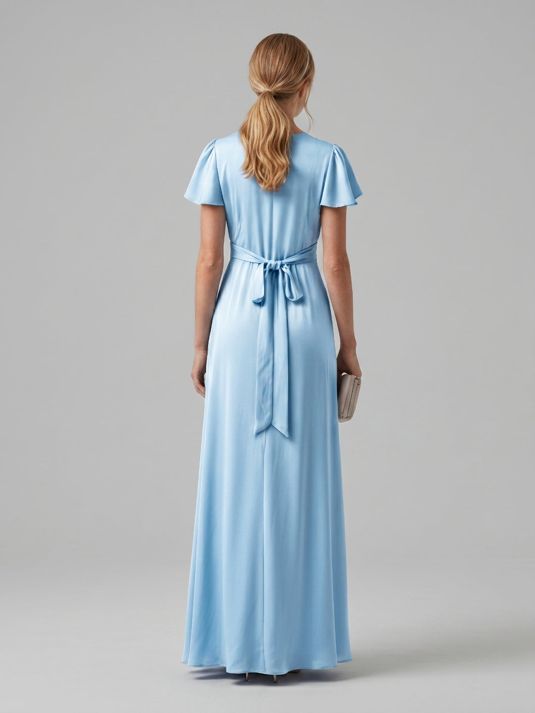 Elegant Sky Blue Satin Sheath V-Neck Lace-up Ankle-Length Bridesmaid Dress - Curvevia