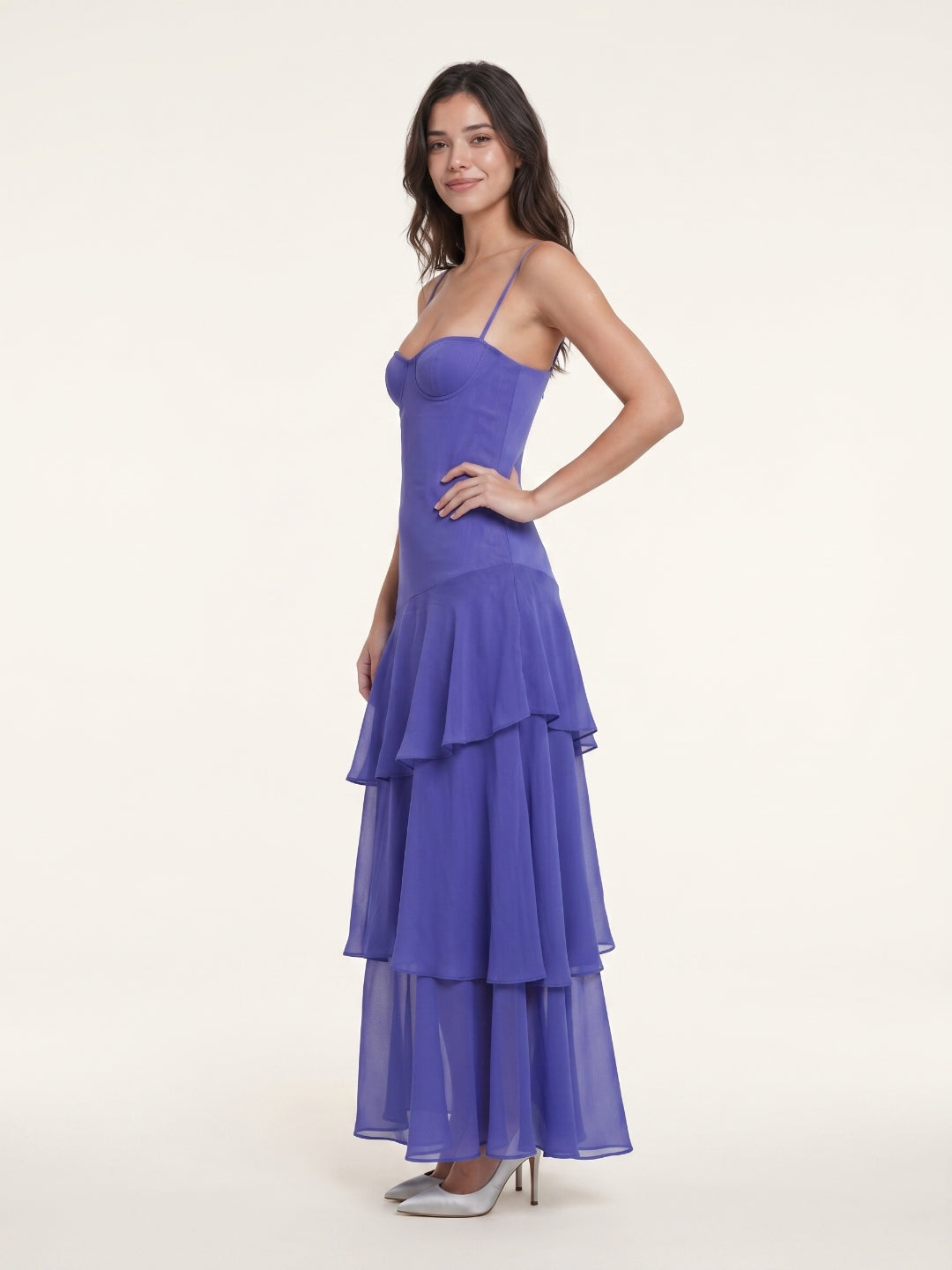 Slate Blue Chiffon A-Line Sweetheart Back Zip Floor-Length Bridesmaid Dress with Ruffles - Curvevia